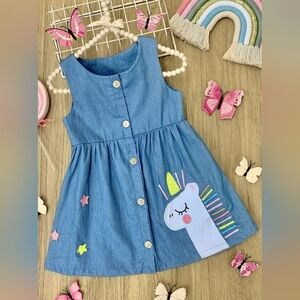 Sleeveless Blue Unicorn Stars Button-Down Kids Dress- 100% Cotton- 6T